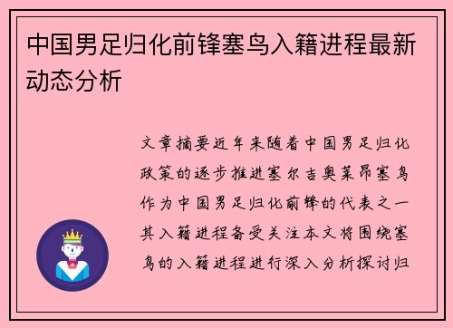 中国男足归化前锋塞鸟入籍进程最新动态分析